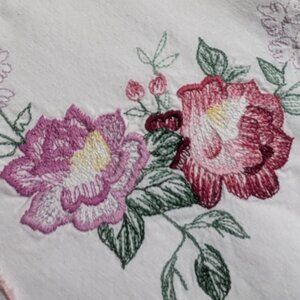 Mid Century Tablecloth with Pink & Purple Flower Motif - 33 Inch Square